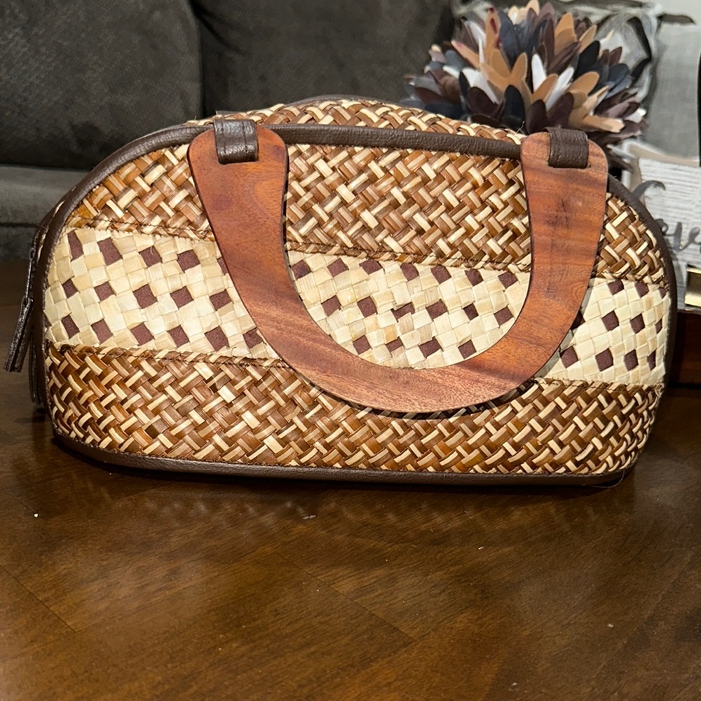 Brown and Tan Woven Tote with Wooden Handles